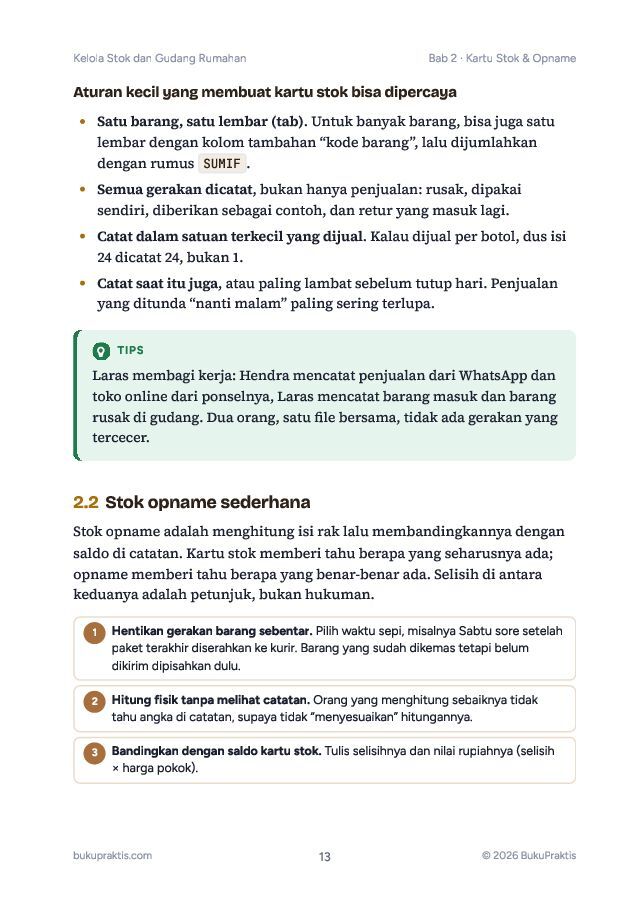 Contoh halaman Kelola Stok dan Gudang Rumahan